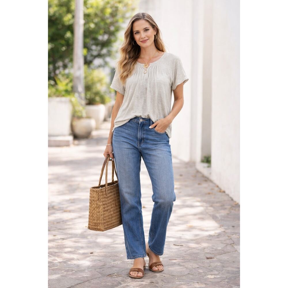 Wonderly Womens‎ M Boho Pintuck Pleated Slub Tee Ivory Flowy Short Sleeve Top